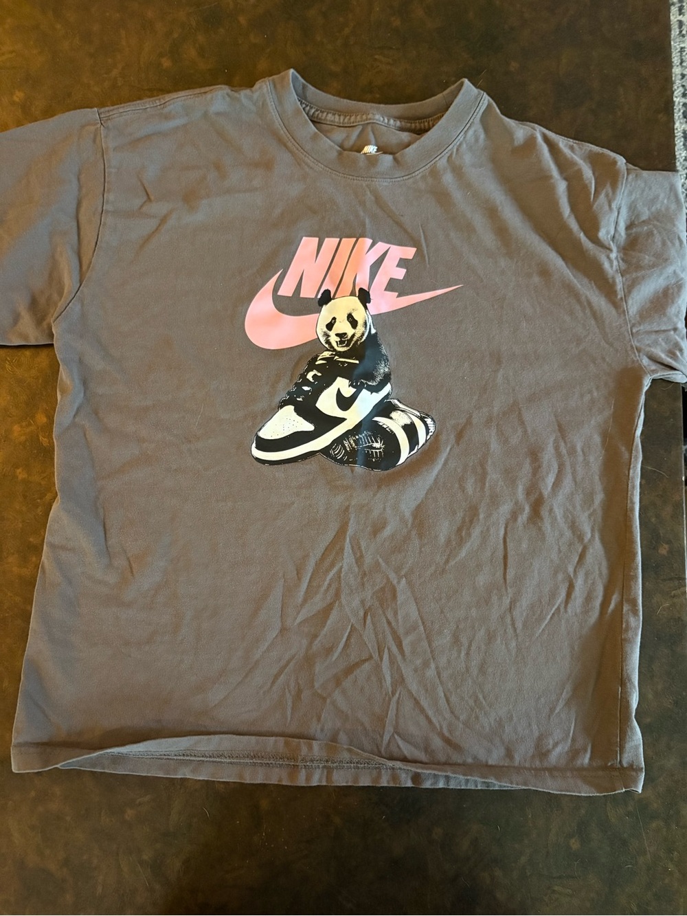 Nike Kids Gray Tee with Pink Logo and Panda Sneaker Graphic